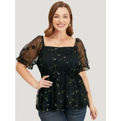 Bloomchic Women's Plus Size Plant Embroidered Appliques Mesh Puff Sleeve Blouse Blackflower Going Out Short Sl