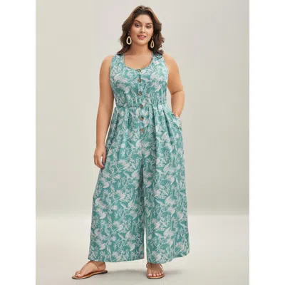 Bloomchic Women's Plus Size Plant Print Button Detail Stretchy Jumpsuit Turquoise Vacation 30/6x In Blue