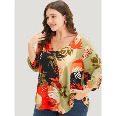 Bloomchic Women's Plus Size Plant Print Lantern Sleeve V Neck Blouse Blackflower Dailywear 3/4 Sleeve 10/m