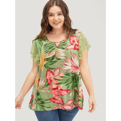 Bloomchic Women's Plus Size Plant Print Mesh Ruffle Sleeve Blouse Emerald Dailywear Short Sleeve 12/l In Green