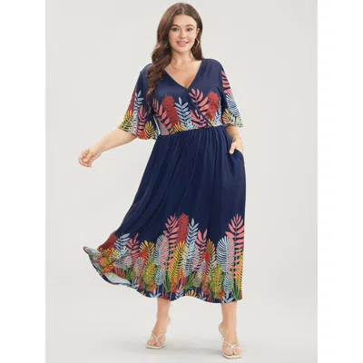 Bloomchic Women's Plus Size Plant Print Surplice Neck Pocket Ruffles Midi Dress Indigo Floral Dailywear Elasti In Purple