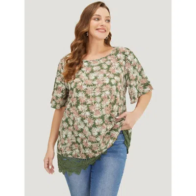 Bloomchic Women's Plus Size Plant Print Tiered Sleeve Lace Hem Blouse Sage Dailywear Short Sleeve 10/m In Green