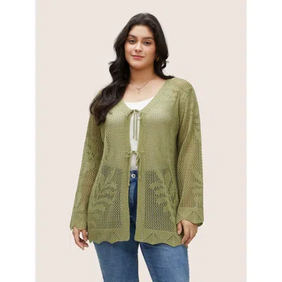 Bloomchic Women's Plus Size Plants Hollow Out Ties Scalloped Trim Cardigan Yellowgreen 10/m In Green