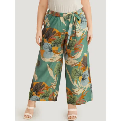 Bloomchic Women's Plus Size Plants Print Elastic Waist Ties Pants Mint High Rise Dailywear 12/l In Green