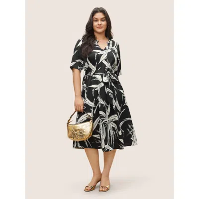 Bloomchic Women's Plus Size Plants Print Notched Belted Pocket Dress Black Tropical Midi Office Non 12/l