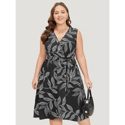 Bloomchic Women's Plus Size Plants Print Overlap Collar Belted Tank Dress Black Office Wrap / Overlap 30/6x