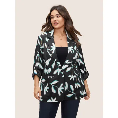 Bloomchic Women's Plus Size Plants Print Suit Collar Button Up Tab Sleeve Blazer Blackflower Plants Non Sleeve