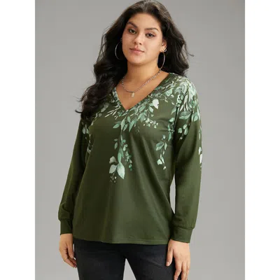 Bloomchic Women's Plus Size Plants Print V Neck Elastic Cuffs Sweatshirt Mint Plants Dailywear 30/6x In Green