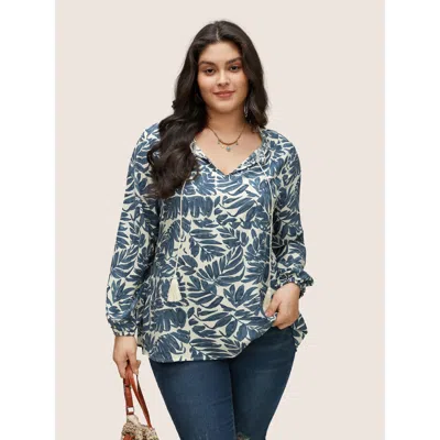 Bloomchic Women's Plus Size Plants Tassel Trim Tie Neck Rayon Blouse Apricot Tropical Vacation Long Sleeve 10/ In Orange
