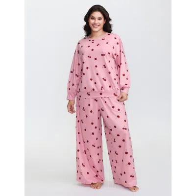 Bloomchic Women's Plus Size Playful Cherry Print Loungewear Set Rouge Fruit And Vegetable Print Extra Long Sle In Red
