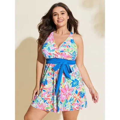 Bloomchic Women's Plus Size Playful Floral Print Contrast Tie Swim Dress Mediumblue Floral Colorblock Adjustab