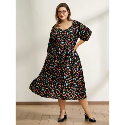 Bloomchic Women's Plus Size Playful School Print Rayon Deep Neck Midi Dress Multicolor Letter Midi Casual Non 