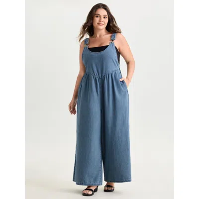Bloomchic Women's Plus Size Pleated Adjustable Overall Straps Denim Jumpsuit Denimlightblue Casual 22-24/3x