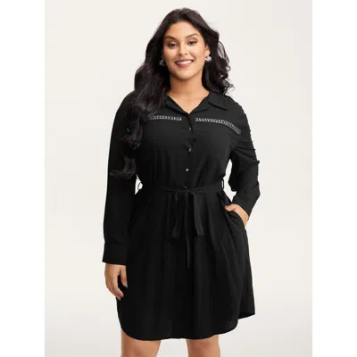 Bloomchic Women's Plus Size Pleated Belted Waist Midi Shirt Dress Black Non Short Elegant 10/m