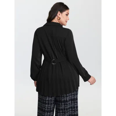 Bloomchic Women's Plus Size Pleated Cinched-waist Belted Blouse Black Solid Office Long Sleeve Collared Neck 3
