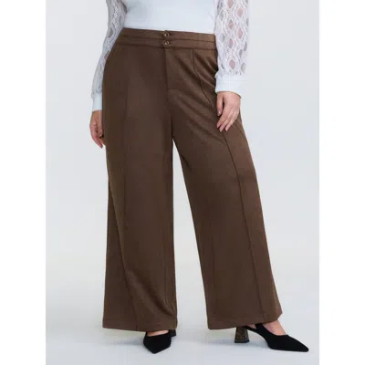 Bloomchic Women's Plus Size Pleated Double Button Flared Hem Pants Darkbrown Non Flared Mid Rise Elegant 12/l In Brown