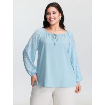 Bloomchic Women's Plus Size Pleated Drawstring Neckline Plain Blouse Lightblue Non Elegant Long Sleeve 10/m In Blue