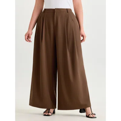 Bloomchic Women's Plus Size Pleated Flared Plain Pockets Pants Darkbrown Solid Wide Leg Mid Rise Elegant 22-24 In Brown