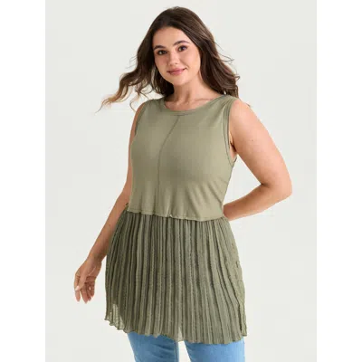 Bloomchic Women's Plus Size Pleated Flowy Long Sleeveless T-shirt Olive Solid Casual Sleeveless Round Neck 10/ In Green
