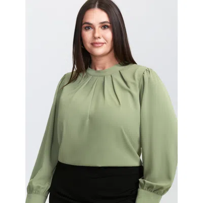 Bloomchic Women's Plus Size Pleated High Neckline Solid Blouse Greenbean Non Office Long Sleeve 14-16/1x