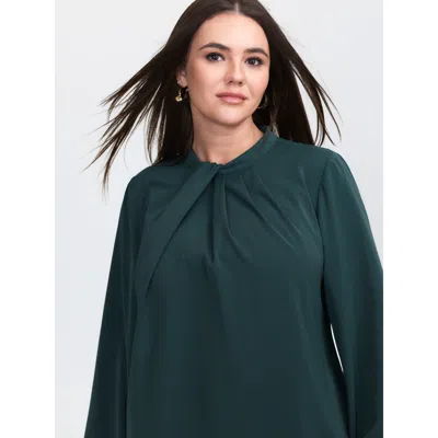 Bloomchic Women's Plus Size Pleated Mock Neck Long Sleeve Blouse Cyan Solid Office Long Sleeve Stand Collar 10 In Blue