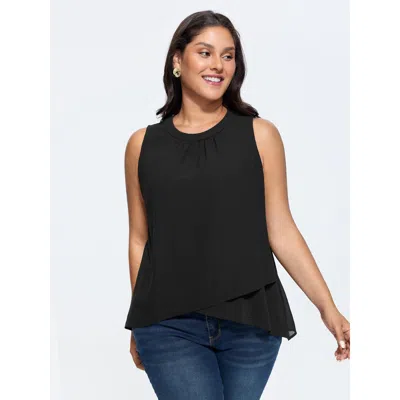 Bloomchic Women's Plus Size Pleated Neckline Overlap Hem Tank Top Black Elegant A-line Round Neck 10/m