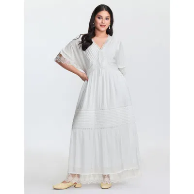 Bloomchic Women's Plus Size Pleated Neckline Romantic Lace Ruffled Maxi Dress Originalwhite Synthetic Texture 