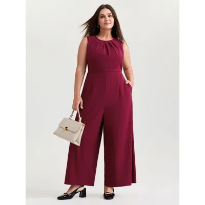 Bloomchic Women's Plus Size Pleated Neckline Stretchy Waist Jumpsuit Burgundy Office 30/6x