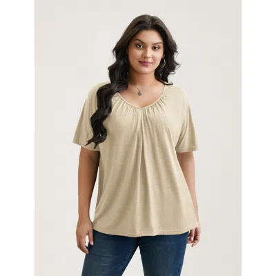 Bloomchic Women's Plus Size Pleated Plain Half-sleeve Knit Top Apricot Short Sleeve Casual V-neck 10/m In Orange