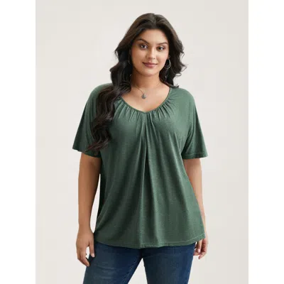 Bloomchic Women's Plus Size Pleated Plain Half-sleeve Knit Top Darkslategray Short Sleeve Casual V-neck 10/m