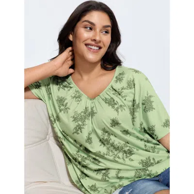 Bloomchic Women's Plus Size Pleated Plain Half-sleeve Knit Top Greenbean Short Sleeve Casual V-neck 10/m