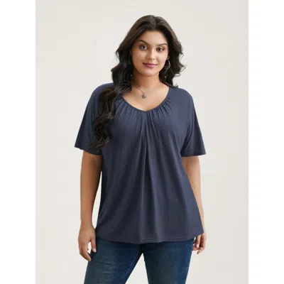 Bloomchic Women's Plus Size Pleated Plain Half-sleeve Knit Top Indigo Short Sleeve Casual V-neck 10/m In Purple