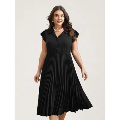Bloomchic Women's Plus Size Pleated Shirt Collar Solid Midi Dress Black Solid Midi Office Non 10/m