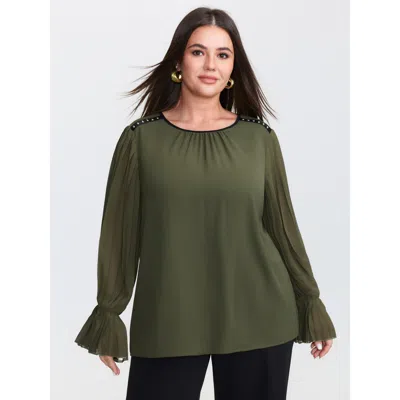 Bloomchic Women's Plus Size Pleated Sleeve Color Contrast Blouse Armygreen Solid Office Long Sleeve Round Neck