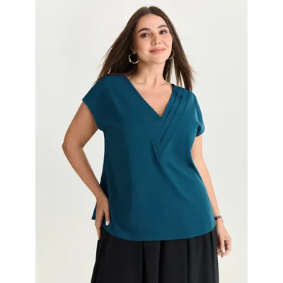 Bloomchic Women's Plus Size Pleated V-neckline Dolman Sleeve Blouse Aegean Office Short Sleeve V-neck 10/m In Blue