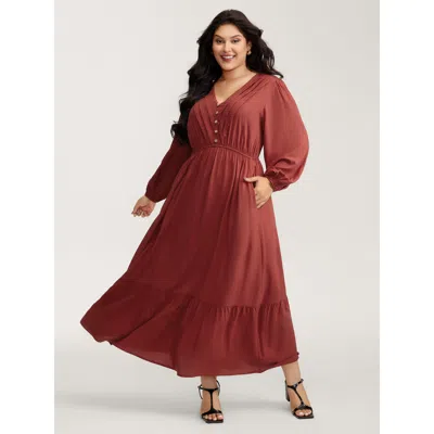 Bloomchic Women's Plus Size Pleated V-neckline Tiered Maxi Dress Maroon Solid Maxi Elegant Smocked 10/m In Burgundy