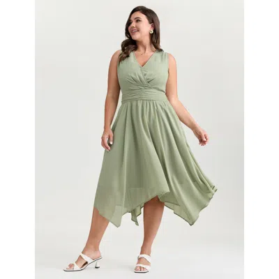 Bloomchic Women's Plus Size Pleated Waist Pockets High Low Hem Midi Dress Greenbean Non Midi Elegant Gathered 