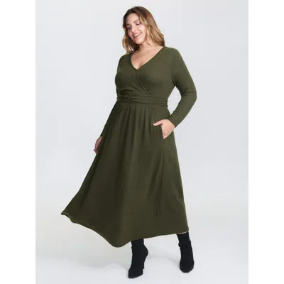 Bloomchic Women's Plus Size Pleated Waist Wrap Neckline Knit Maxi Dress Armygreen Casual Midi Overlapping 18-2