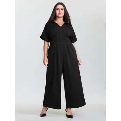 Bloomchic Women's Plus Size Pleated Waistband Button Detail Pocket Jumpsuit Pureblack Office Relaxed Fit 26/4x