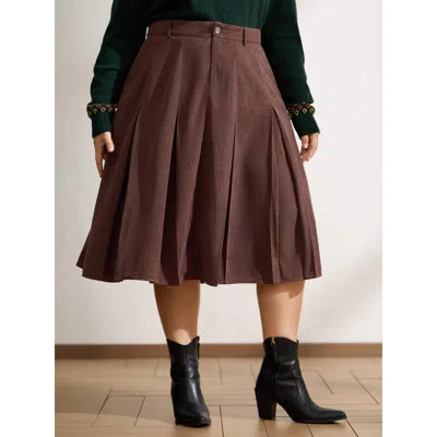 Bloomchic Women's Plus Size Pleated Waist-defining Midi Skirt Darkbrown Elastic Waist Flared Elegant 22-24/3x In Brown