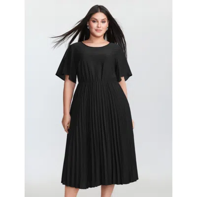 Bloomchic Women's Plus Size Plicated Detail Flared Sleeve Midi Dress Pureblack Non Midi Office 10/m