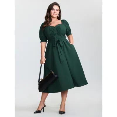 Bloomchic Women's Plus Size Plicated Detail Sweetheart Neck Pockets Belted Midi Dress Cyan Solid Midi Elegant  In Blue