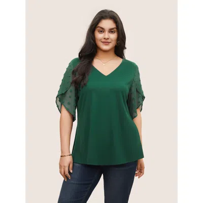 Bloomchic Women's Plus Size Plisse Chiffon Patchwork Petal Sleeve T-shirt Darkgreen Half Sleeve Elegant 10/m In Green