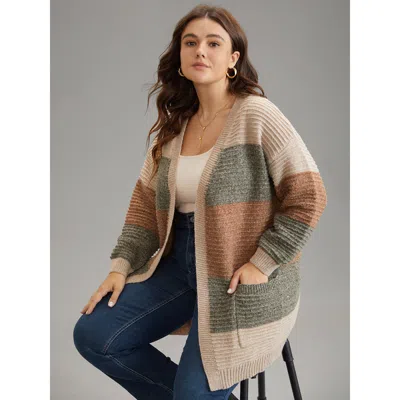 Bloomchic Women's Plus Size Plisse Colorblock Patched Pocket Open Front Cardigan Multicolor Long Sleeve 22-24/