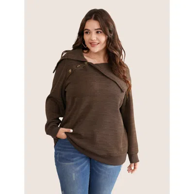 Bloomchic Women's Plus Size Plisse Lapel Collar Button Detail Sweatshirt Darkbrown Plain Dailywear 12/l In Brown