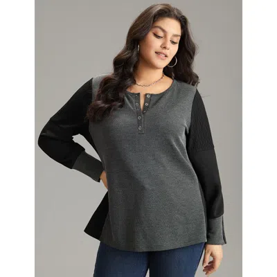 Bloomchic Women's Plus Size Plisse Patchwork Two Tone Button Up T-shirt Dimgray Dailywear Long Sleeve 12/l
