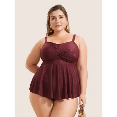 Bloomchic Women's Plus Size Plisse Solid Crossover A Line Swim Top Burgundy Non Pleated 10/m
