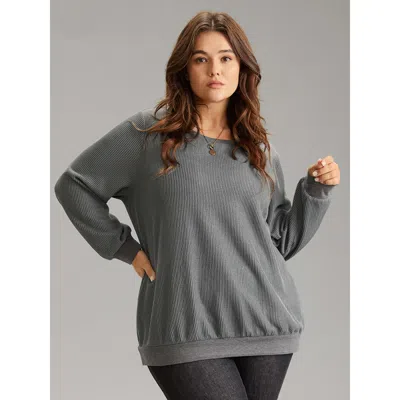 Bloomchic Women's Plus Size Plisse Solid Elastic Hem Crew Neck Sweatshirt Gray Plain Everyday 12/l