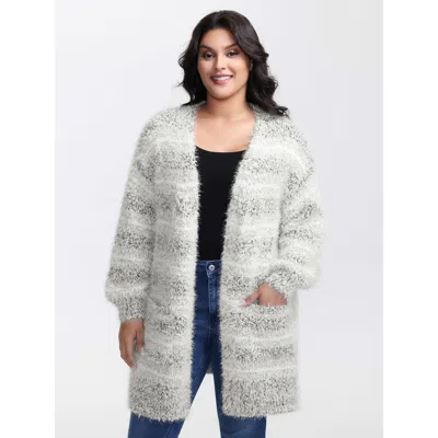 Bloomchic Women's Plus Size Plush Textured Striped Knit Cardigan Lightgray Long Sleeve 12/l In Gray