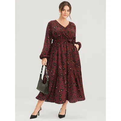 Bloomchic Women's Plus Size Pocket Button Surplice Neck Allover Print Belted Dress Scarlet Leopard Going Out C In Red